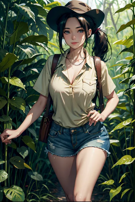 Painting of a smiling, gorgeous woman with black hair tied in a loose ponytail wearing an explorer hat, a buttoned-up blue shirt with short sleeves, beige shorts with pockets and brown traveling boots. She walks in a thick jungle pushing away the large lea...