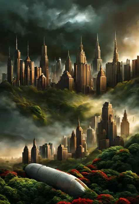 create a digital matte painting for a giant forest of a sci-fi movie set with giant skyscrapers next to the forest trees ,in the sky of this illustration, um astronauta masculino com uniforme branco voa com o foguete suitpac nas costas e voa baixo perto do...