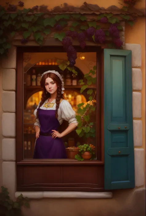 a grape juice store in a window , a window in a mediterranean house,(( brown hair )) happy smiling gipsy girl selling grape juice from a window in a mediterranean house, street store, old wall with grape tree branches and cracks (( upper body, close up )) ...