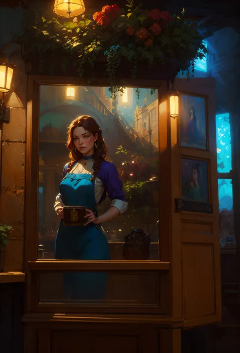 there  a woman in a standing in a window, inspired by Gaston Bussière, artwork in the style of guweiz, fantasy genre portrait, beautiful character painting, abigail from stardew valley, renaissance digital painting, mysterious coffee shop girl, portrait of...