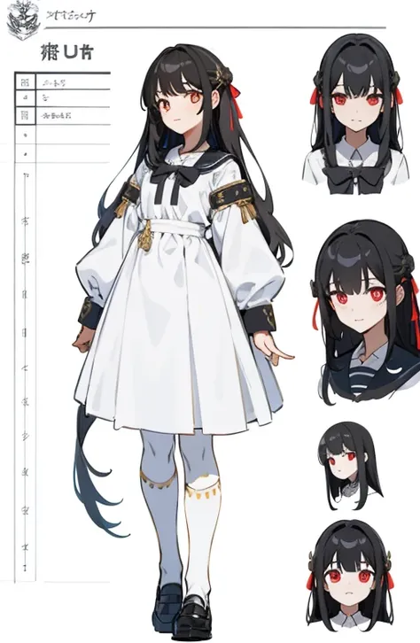 masuter piece,Best Quality,Ultra-detailed), (Character Sheet:1.2),Full body, School uniform, Front view, Side view, posterior view, Golden Eyes, Glowing pupils, delicate hair ornaments, long straight black hair, Twin-tailed, bow ribbon, lightsmile, 校服, Ref...