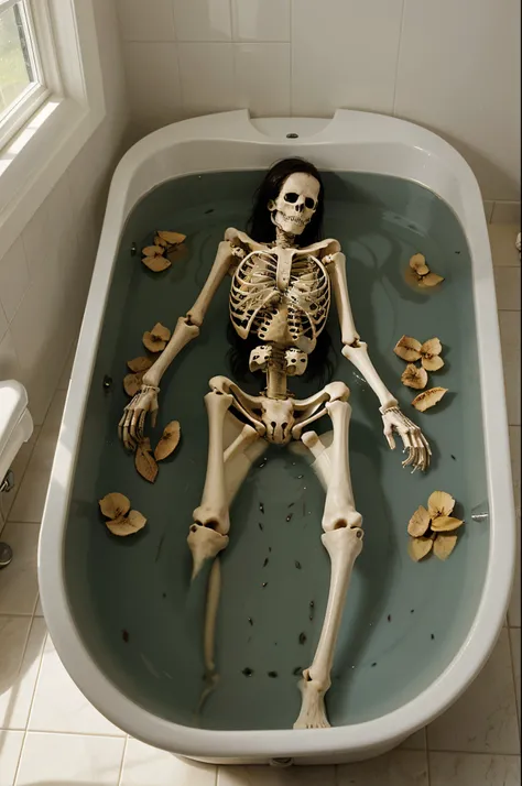 A bird&#39;s-eye view of a bathtub with a skeleton inside