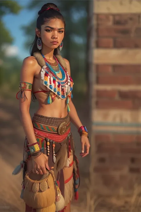 ((zendaya  a native american woman)), ((who wears the typical clothes of a squaw)), (sie sitzt an einem lagerfeuer), ((schlanke ...