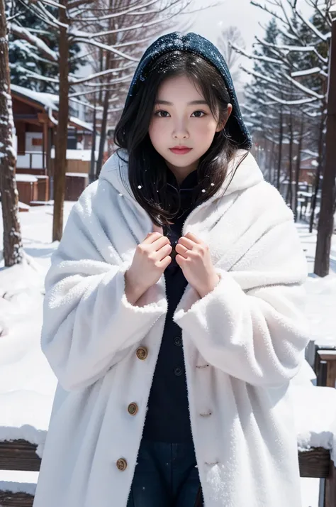 Girl covering chest with hands, cover strategically,Use your fingers to cover your clothes moderately,of shoulderternal，Oyuki，Thick fur cape，blanketed in a mantle of snow