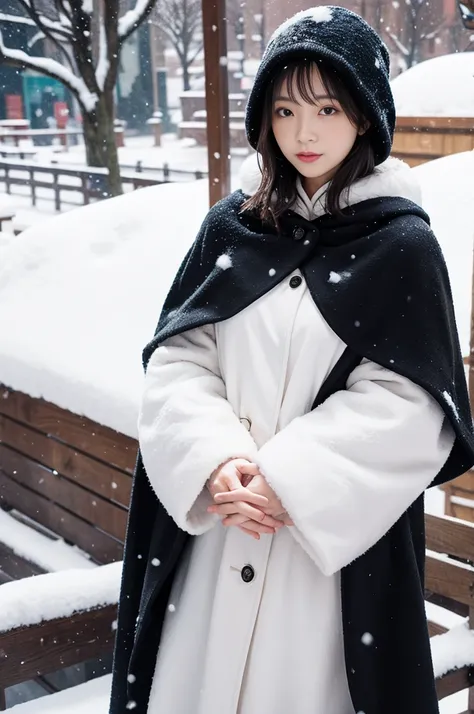 Girl covering chest with hands, cover strategically,Use your fingers to cover your clothes moderately,of shoulderternal，Oyuki，Thick fur cape，blanketed in a mantle of snow