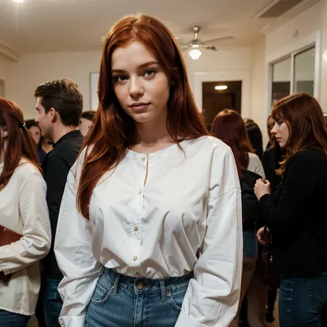 Create a realistic photo of a red-haired woman in a white blouse and jeans at a party