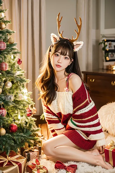 girl，christmas tree，christmas ornaments，christmas，woven，mittrown  hair，sweaters，deer antlers，christmas lights，inside in room，窗帘，...