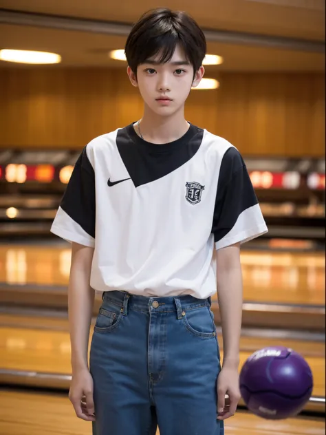 boy, 17 y.o, middle parted hair, shirt, rings, bowling alley