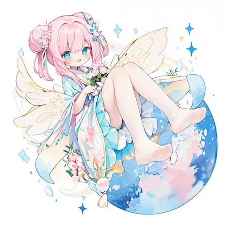 (PastelColors:1.3)、(Cute illustration:1.3)、(watercolor paiting:1.1)、(Wearing large transparent fairy wings with polka dots。。。。。。。。。。。。。。。。。：1.3),Falling from the sky,Head down, feet up, Blue haired girl,improve,ultra wide-angle  ,Detailed background、Smile ...