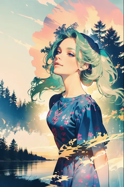 Use your imagination with this visually illustrated prompt, A girl with a bright smile appears, Her outfit 、A perfect match for the enchanting lakeside backdrop, Enhanced with mesmerizing multiple exposure effects