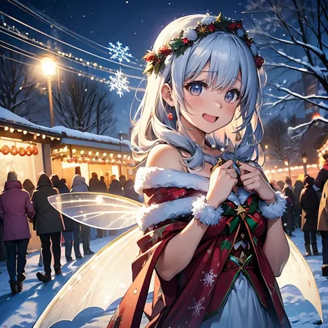 Best Quality,hight resolution,(Realistic:1.37),(Vivid colors:1.2),Ultra-detailed,Festive atmosphere,Winter wonderland,fantastic landscape,An enchanted forest,Sparkling snow,cute little fairies,christmas party decorations,happy and joyful fairies,adorable h...