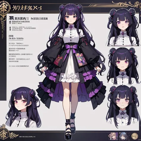 (Masterpiece, highest quality)), detailed face, character sheet, Full body and front fiev full of details, multiple poses and expressions, highly detailed, depth, many parts, 1girl, jirai kei style harajuku, Black and purple hair, wavy hair, long hair, blu...