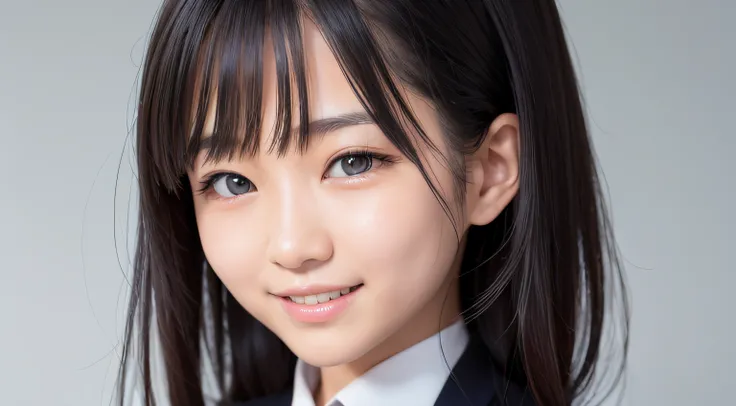 Smiling Japanese girl wearing a navy suit without a tie,Solo, from waist up, White background, Detailed beautiful eyes, Detailed beautiful face, Detailed beautiful hair with large copy space on the right side