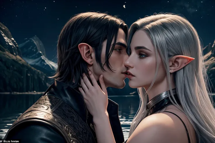 Two characters: a male vampire with short silver hair and a brunette elf girl with long hair, kissing against the backdrop of a lunar landscape, passion, Cinematic Dramatic Lighting, beautiody, ultra detail, Beautiful faces, aesthetics, portraite of a, cor...