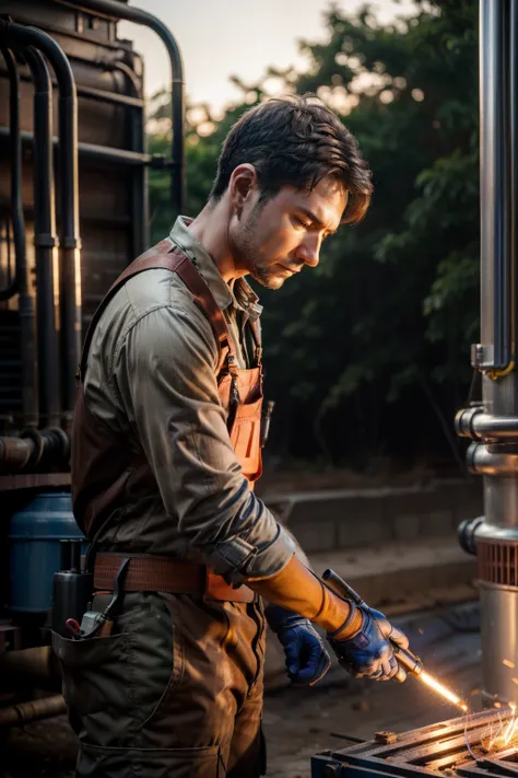Male worker installing REFCOMP industrial compressor refrigeration unit outdoors, soldering of pipelines, copper pipeline (Best Quality,4k,8K,hight resolution,Masterpiece:1.2),Ultra-detailed,(Realistic,Photorealistic,photo-realistic:1.37),Colorful and brig...