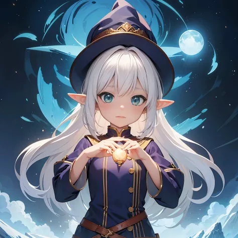 (masutepiece, Best Quality, very detailed illustration, 8K UHD),  with  the ，Girl Who Uses Magic，freeze, Green eye, elf, White hair, Hair Ornament, Ready for Battle, Summit of Mt， Wizards Clothing, Little girls body, ｛little girl with light｝, Sexy Pose, Up...