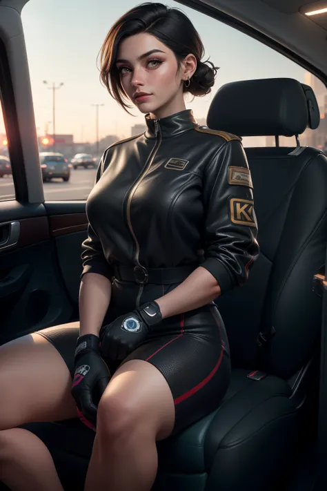 (Best quality,4K,8K,A high resolution,tmasterpiece:1.2),ultra - detailed,traffic jam driver，sporty attire,Premium,vintagestyle,stylized lighting