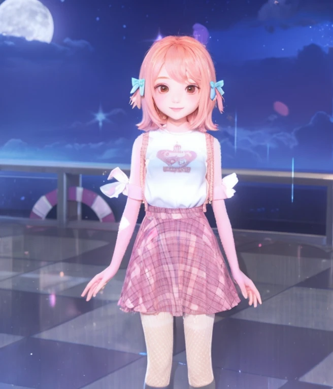 a girl with short pink hair and a white t-shirt, pink skirt