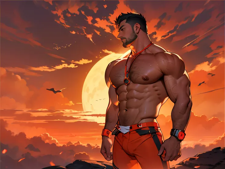 distinguished gentleman, upper body in frame, head in frame, sihouette in the sunset, orange-red sky, thick majestic cloud, gibili style, chest revealed, bare chest, pec muscles, buttons open, mature, stubble, CEO in a penthouse futuristic skyline view, co...