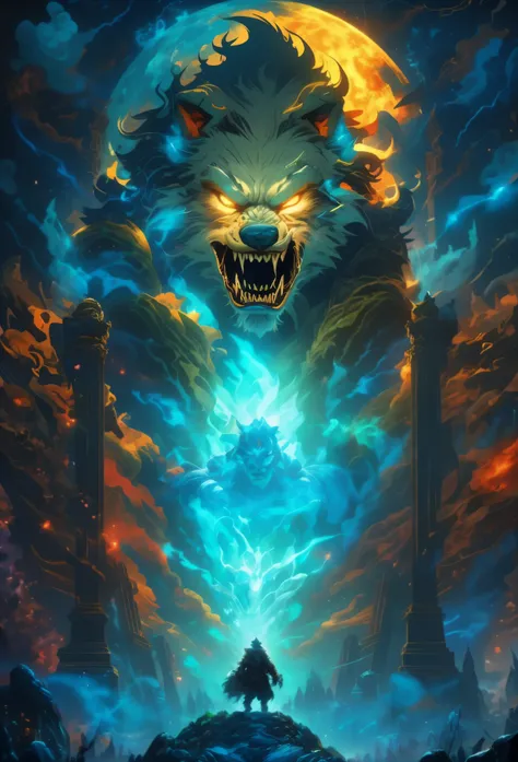 Big faced werewolf poster, fractal thunder dan mumford, El Bosco and Dan Mumford, Dan Mumfords art style, Dan Mumford art style, epic full color illustration, inspired by Dan Mumford, Ominous fantasy illustration, full art illustration, fenrir, and Mumford...