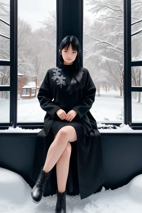 super high image quality，Ancient style full body girl，black color hair，blue color eyes，Half leaning against the window to enjoy the snow scenery