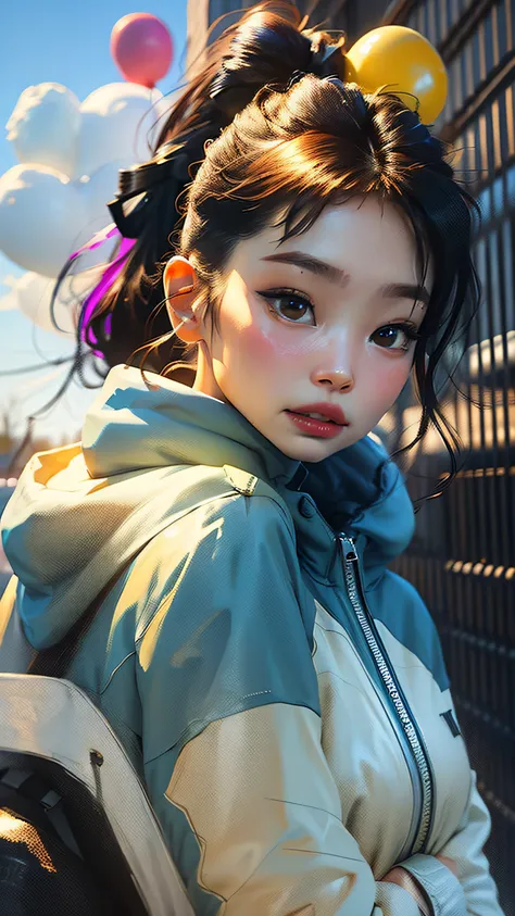 Loli girl, beautiful and cute,  yellow jacket, white sweatshirt, lots of colorful balloons, baby face, chibi style, red and blue two-color hair, ponytail braided hair, perfect detail eyes, delicate face, perfect CG, HD picture quality, colorful balloons, s...