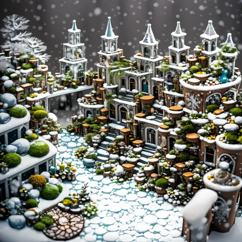 (RAW Photos, Best Quality), (animesque:1.2), Drawing of a building with a clock tower, (MC Escher Architecture), trickart, trompe loeil, (((snowscape:1,9, clock tower and stairs))), (((Snow is piled up, miniature garden:1.5))), Highly detailed, Photography...