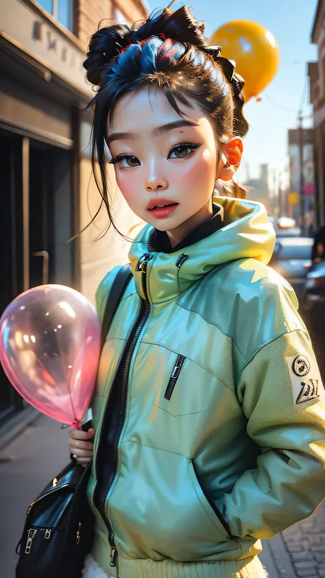 Loli girl, beautiful and cute,  yellow jacket, white sweatshirt, lots of colorful balloons, baby face, chibi style, red and blue two-color hair, ponytail braided hair, perfect detail eyes, delicate face, perfect CG, HD picture quality, colorful balloons, s...