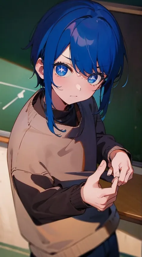 Boy. Blue hair. Blue eyes. Brown sweater. Background:classroom