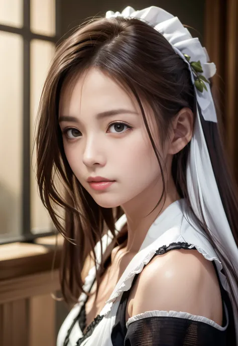 8K, of the highest quality, masutepiece:1.2), (Realistic, Photorealsitic:1.3), of the highest quality, masutepiece, Beautiful young woman, Pensive expression, Thoughtful look, Cute Maid Clothes, Hair tied back, Messy mood, Cinematic background, Tired, Ligh...