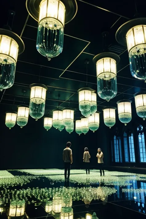 a group of people that are standing in front of a mirror, inspired by Bruce Munro, interactive art, full of greenish liquid, tiny people walking below, blue lamps on the ceiling, floating in perfume