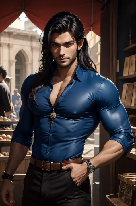 8K,Close-up of a devil wearing a blue and black shirt, beautiful young devil, Super handsome(Like the real thing)super realistic skin,Young men,blue-black long hair,graphic artist magali villeneuve, very stylish fantasy black pants,Stunning character art, ...