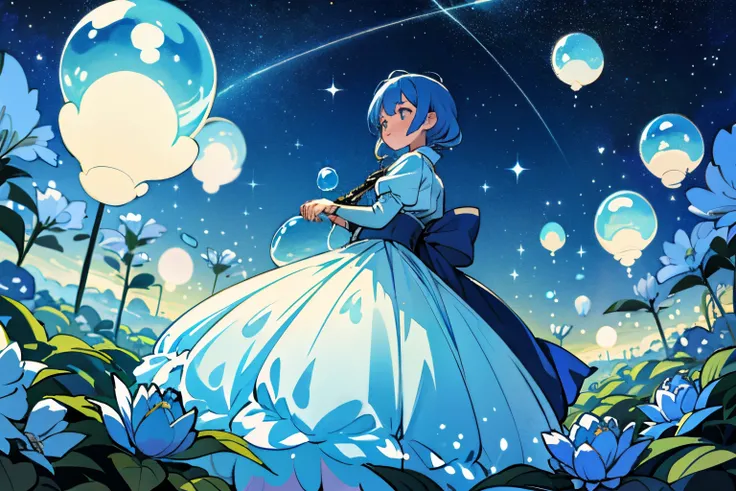 beautiful a girl、Lots of bubbles、lots of shiny things、starrysky、a large number of blue flowers、surrounded by ribbons