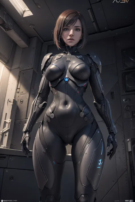 Nude 16 year old realistic female cyborg Susie from Mass Effect 3 stands and shows herself, edi, Front view from below, uniform bright lighting, (full length, (dynamicpose), action pose), (Filmic, beste-Qualit, tmasterpiece, ultra HD textures, higly detail...