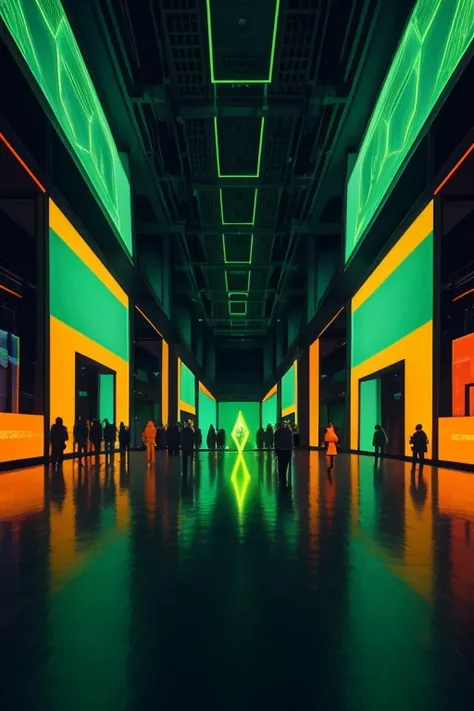 a group of people that are standing in a room, a hologram, by Weiwei, city reflection, vivid colors!!, orange and green power, light art