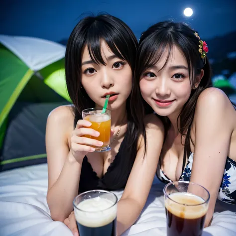 Best-quality, Masterpiece, Ultra-High-Resolution, (Photorealistic:1.4), Raw-Photo, Extremely-Details, Perfect-Anatomy, 

At midnight on beautiful full moon, 

many young girls having a lot of fun at tent camping in snowy mountains, All members of most popu...