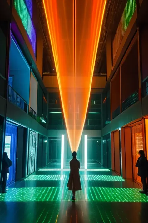 a group of people that are standing in a room, a hologram, by Weiwei, city reflection, vivid colors!!, orange and green power, light art