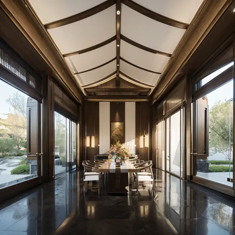Neo-ch, Classical, Ming and Qing, Chinese, Oriental, stable, luxurious, Ancient rhyme, no humans, scenery, reflective floor, architecture, east asian architecture, reflection, vase, food, indoors, plant
