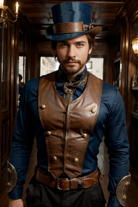 steampunk homme bleu foncé ou marron fumée mystère dessin réaliste barbe