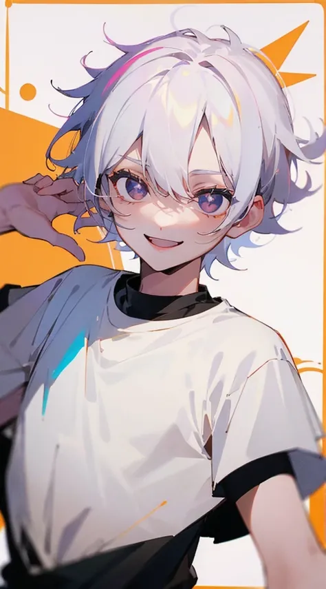 Young boy. White hair. Black eyes. Ornage t shirt. Smiles