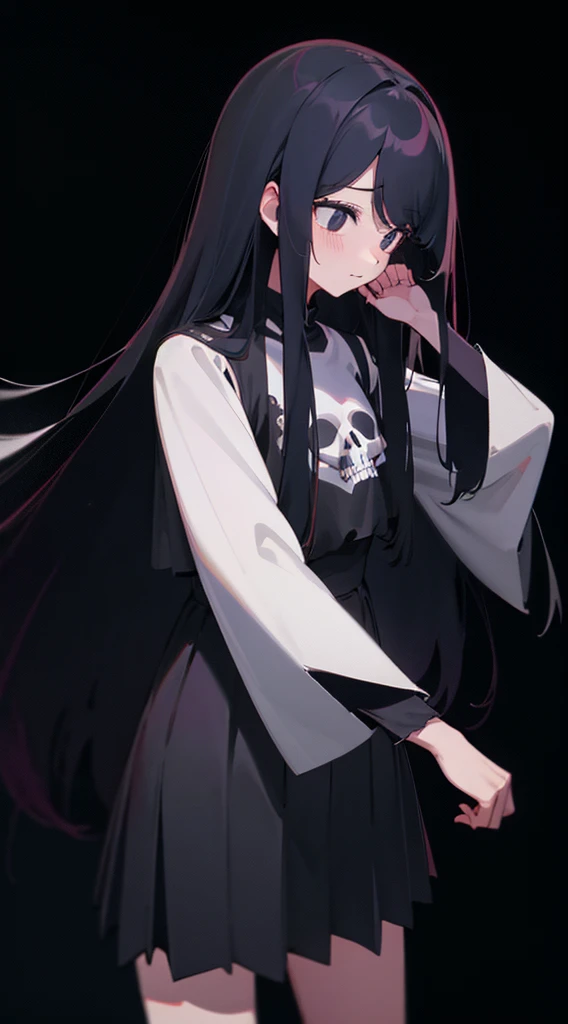 Shy girl. Black long hair. Long bangs. Black eyes. Black clothes with skull pattern in the middle the sleeves is in stripe color white ang black.