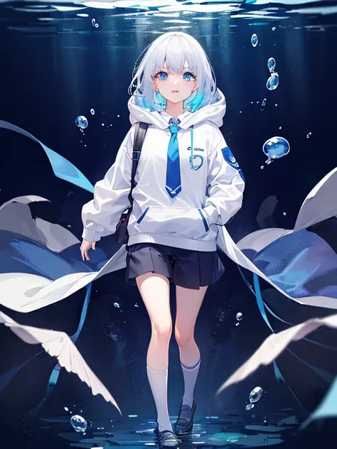 ((quality)), ((masterpiece)), ((ultra - detailed)), (Extremely Delicately Beautiful), Girl vs, report, Cold attitude,((White hoodies)),She is very(unwind)with  the(Settle down)looks,depth of fields,lusty  smile,airbubble, Under water, airbubble,Underwater ...