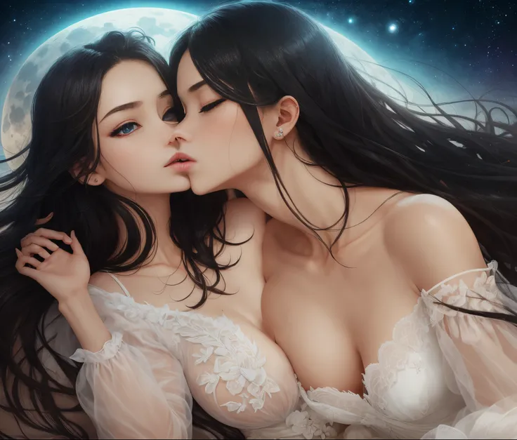 / A young woman with long black hair, wearing a spacious white dress, kissed a gentleman lightly under the moonlight on the beach. Her perfect face was clearly defined, her perfect hands were perfect, and 3D super details were added --auto --s2