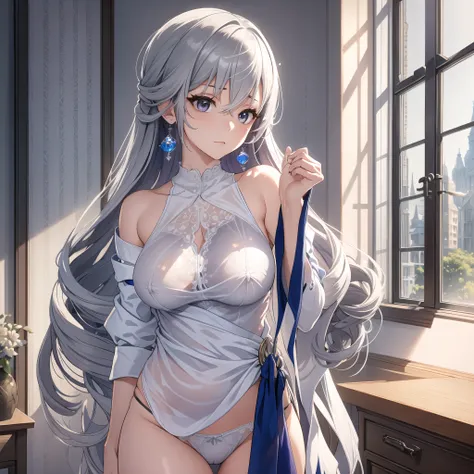 Masterpiece, best quality, highres, highly detailed, 1 girl, long hair, silver hair, gray eyes, pair purple and blue earrings, large breast, unbottened womans sleevess, white lace panties, she wet, nipple perked out from under shirt, indoor, bedroom backgr...