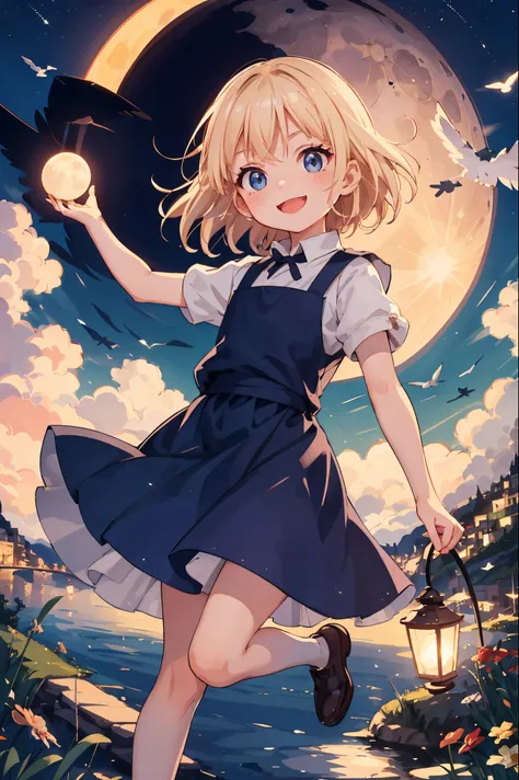 Best Quality, ultra-detailliert,Kiki the Witchs Delivery Service，Boom，flying though the air， 1 young girl（8years old）,a beauty girl，A smile， Arm in arm, platinum-blonde-hair, nighttime scene，region: Amalfi，flat chest，Perfect limbs，The moon shines