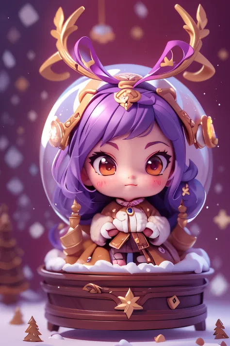 (Blind box toy style, Western cartoon Q version),1 beautiful female succubus head, reindeer costume, in snow globe, gentle smile), cute full body portrait, slender figure standing, cartoon character, medieval, 3D rendering, symatic lighting, ray tracing,