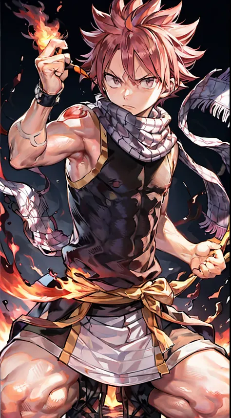 masterpiece, best quality, 1boy, natsu dragneel, scarf, sleeveless, black eyes, fire, arm up,