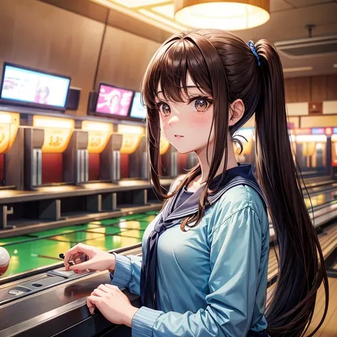 animesque、a beauty girl、poneyTail、Brown hair、bowling、lane、1 persons