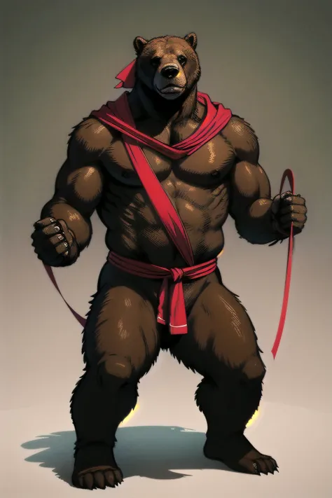 Giant brown grizzly bear, red bandana tied around his neck, ready to fight, fighting position