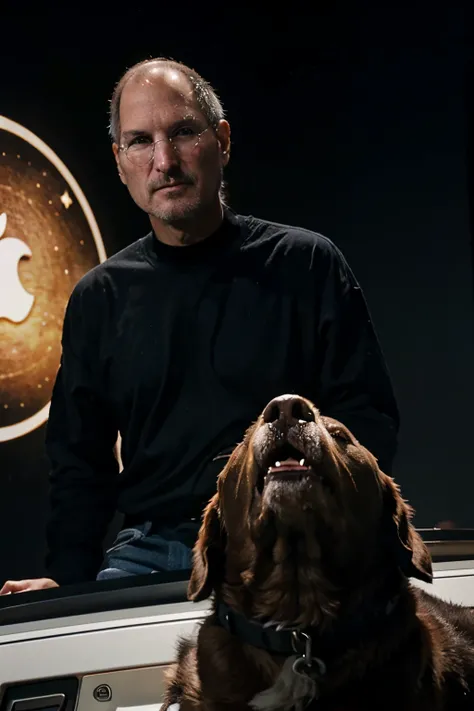 Steve Jobs has a dog&#39;s face in the background, an apple galactic ship that crosses space time